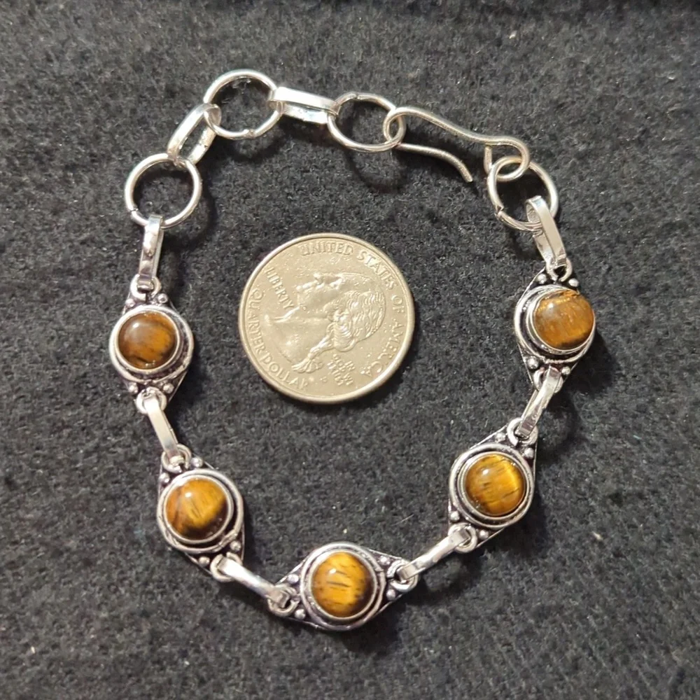 Silver Plated Brown Tiger's Eye Gemstone Dainty Delicate Statement Bracelet
